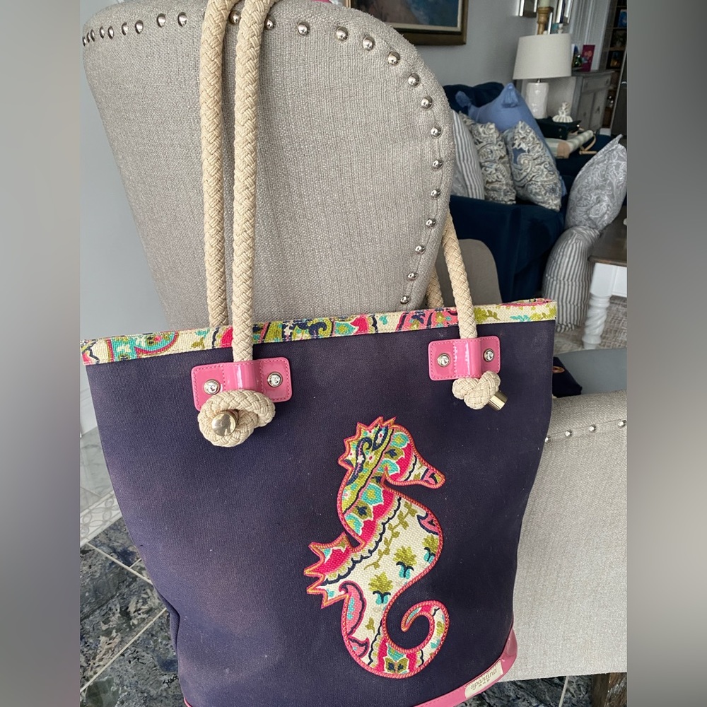 Spartina 449 Navy and Pink Tote with Seahorse Design